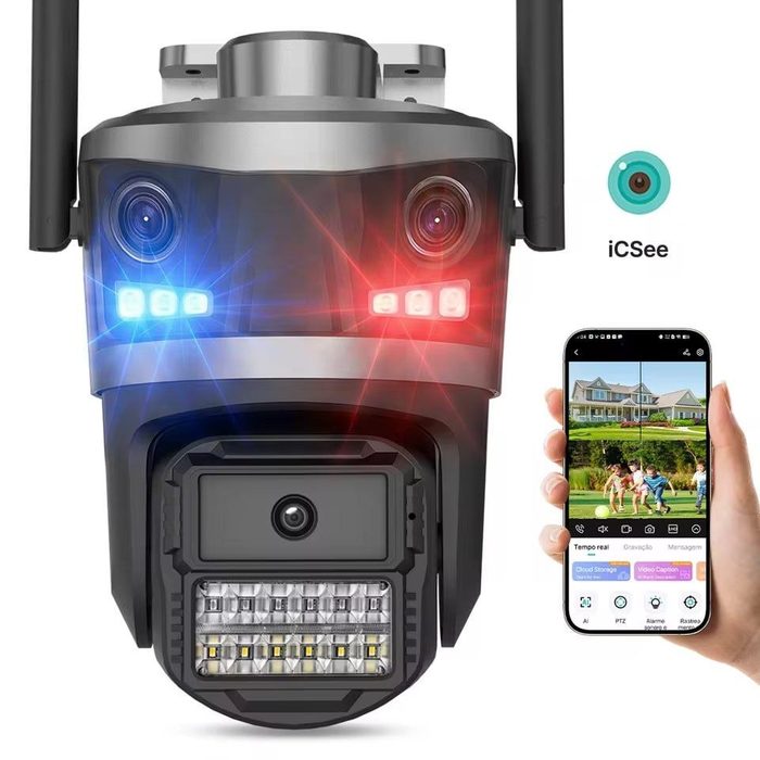 Câmera de Segurança IP P20 iCSee com 3 Lentes, Visualização em 3 Telas, Wi-Fi, PTZ 355°/90°, Rastreamento Automático, Visão Noturna e Áudio