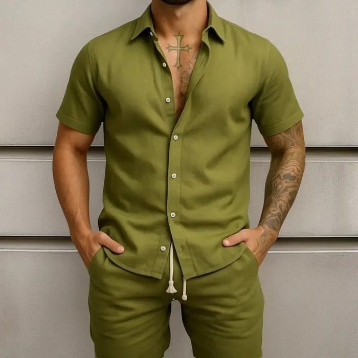 Conjunto Casual Linho Masculino Camisa Botão Bermuda Cordão P ao G