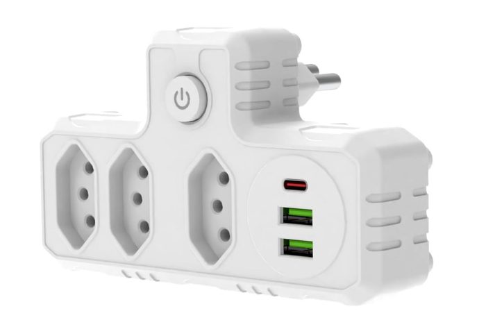 Extensão Tomada, Régua Tomada, Régua de Energia, Adaptador Tomada, 3 Tomadas, 2 Interfaces USB, 1 Porta USB Tipo-C Branco