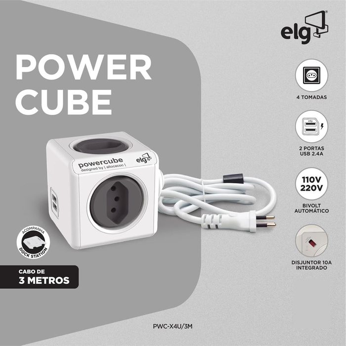 🔌 PowerCube ELG com 4 Tomadas + 2 USB e Cabo de 3m