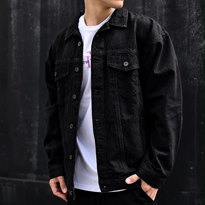 Jaqueta Jeans Masculina Sarja Bolsos Funcionais Resistente Preto G