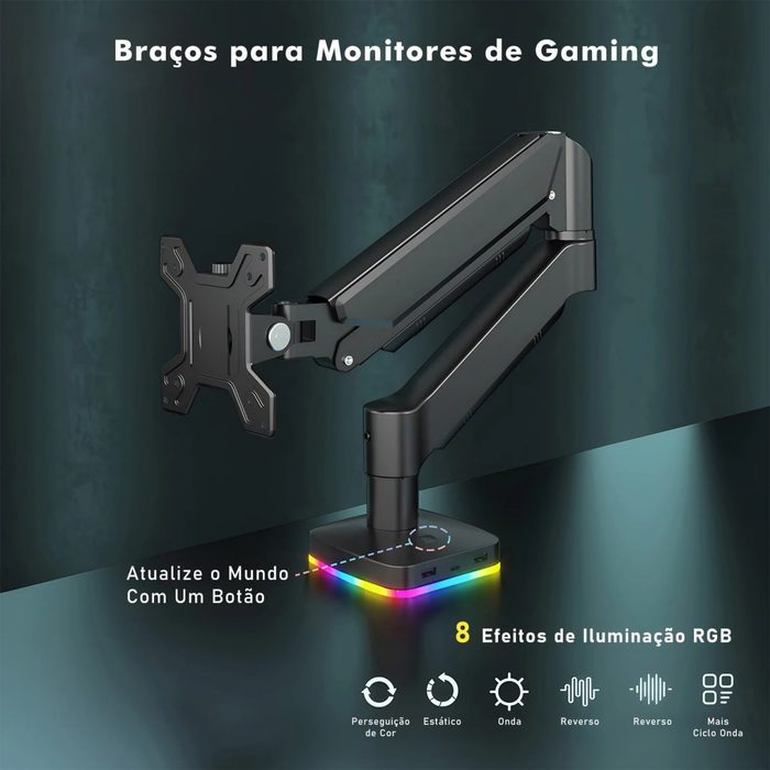 Braço Articulado Monitor RGB - 8 efeitos de iluminação 17" - 34" Polegadas - Com hub integrado.