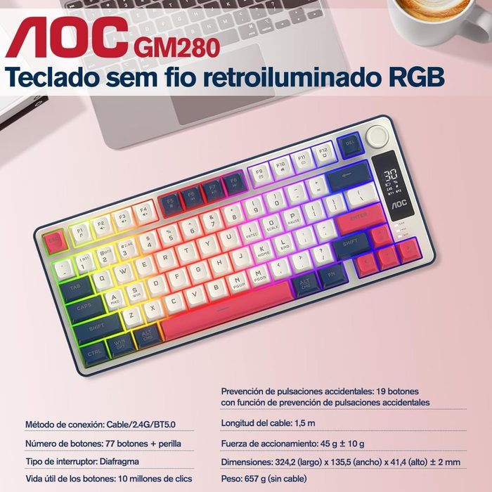 ⌨️ AOC GK280 Teclado 70% Sem Fio - Bluetooth Trimodo RGB LED