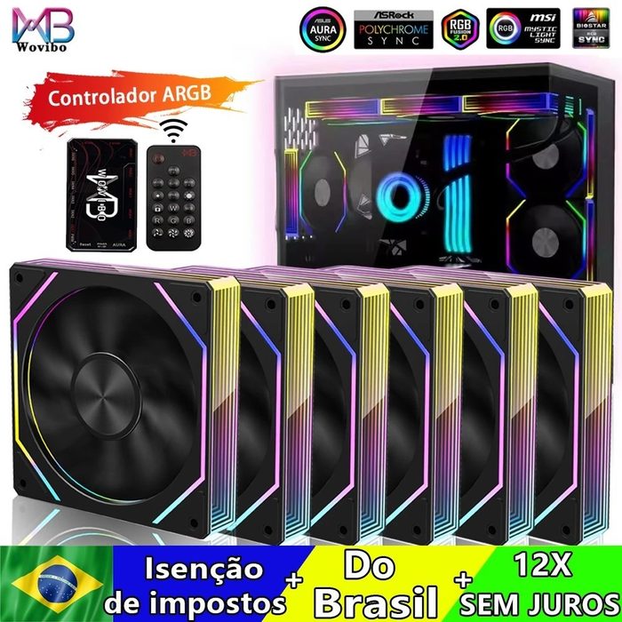 6x Kit de Fan Wovibo ARGB Infinity Mirror PWM 4Pin 5V 3Pin + Controladora e controle Normal ou Reversa