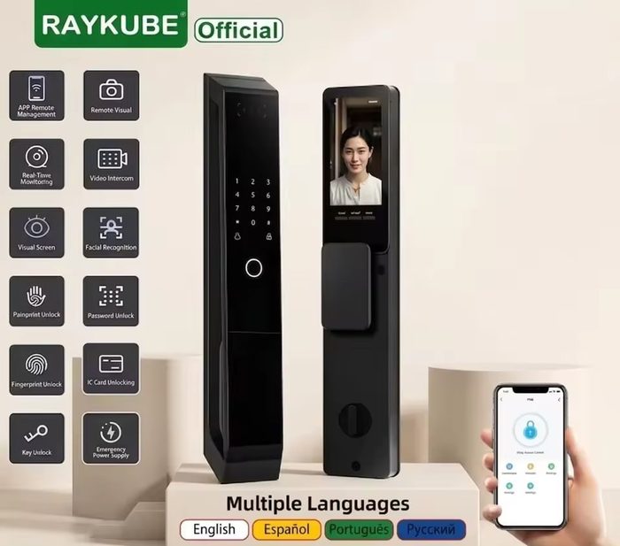 Fechadura Inteligente RAYKUBE P20 TTLock – Reconhecimento Facial 3D + Veias da Palma | Wi-Fi | Biometria | Interfone com Vídeo | Desbloqueio