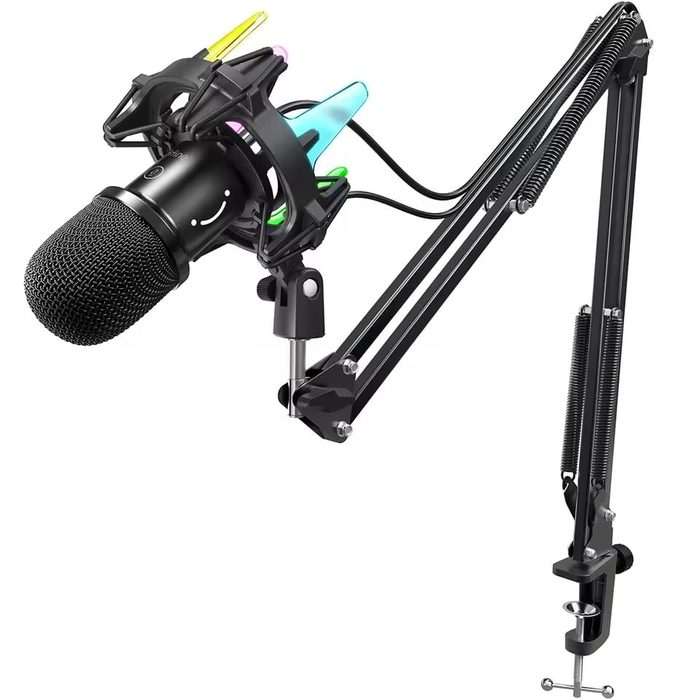 FIFINE K651 Microfone Dinâmico USB Cardioide | Kit com Braço Articulado e Shock Mount RGB | Mute Rápido | para PC, PS4 e PS5