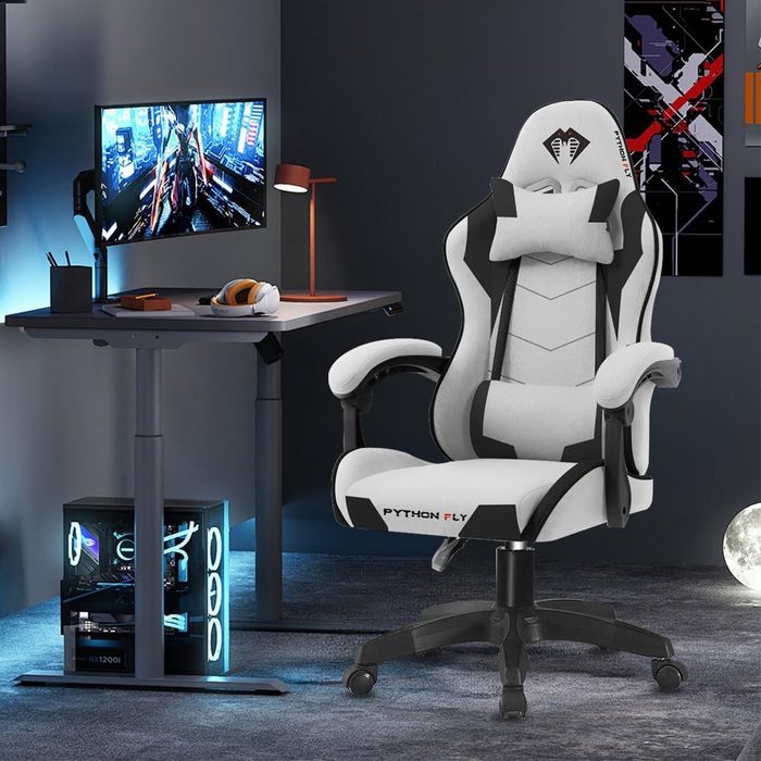 Cadeira Gamer Python Fly em tecido, respirável e ecológica, ângulo ajustável Cinza Claro