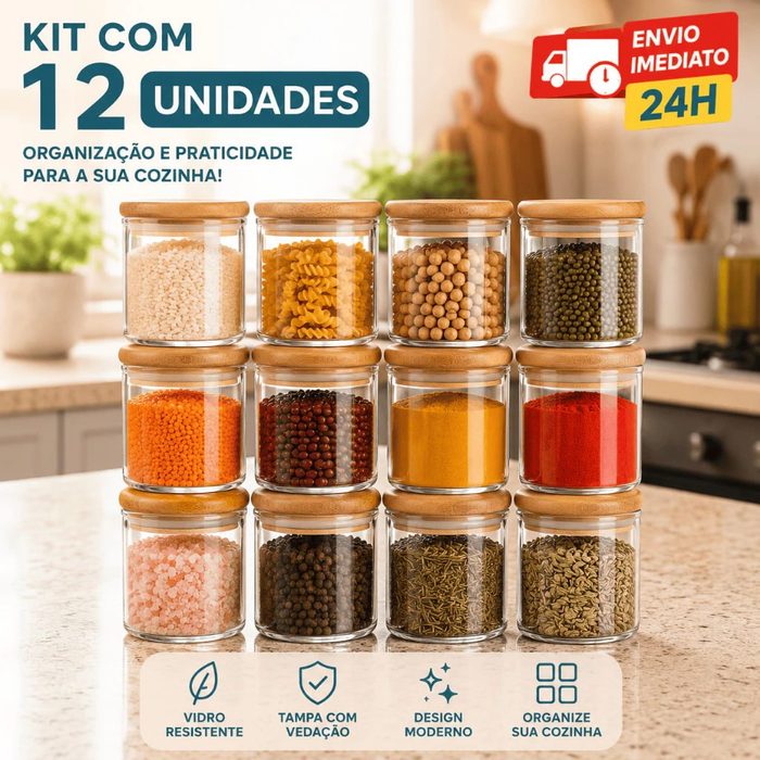 Kit 12 Potes de Vidro 200ml com Tampa de Bambu Hermético Mantimentos Tempero Condimentos Empilhaveis