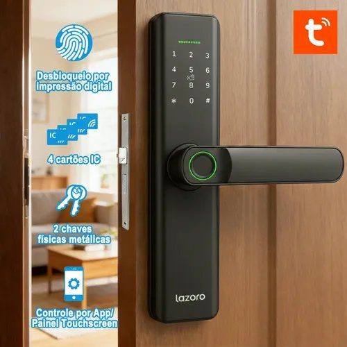 Fechadura Eletrônica Digital com Biometria, Senha, Cartão IC e Tuya App Bluetooth LAZORO