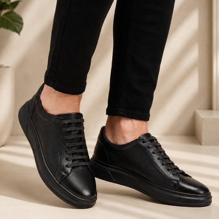 Tênis Masculino Couro Legítimo Casual Solado Alto Premium Preto 38 a 43