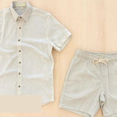 Conjunto Casual Linho Masculino Camisa Botão Bermuda Cordão