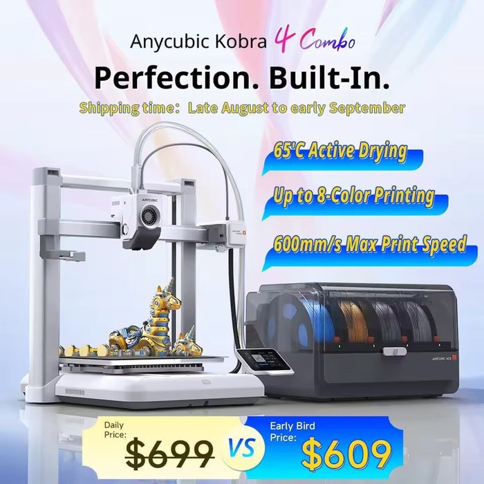 Impressora 3D Anycubic Kobra 4 / Kobra 4 Combo, Velocidade de até 600 mm/s, Impressão Multicolorida em até 8 Cores, ACE 2 Pro com Secagem de