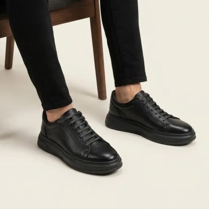 Tênis Masculino Couro Legítimo Casual Solado Alto Premium Preto 38 a 43