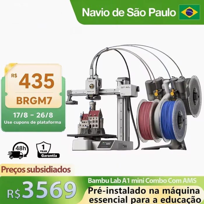 Impressora 3D Bambu Lab A1 Mini Combo com AMS Lite, Impressão em até 4 Cores, 500 mm/s, Calibração Automática e Área 180×180×180 mm