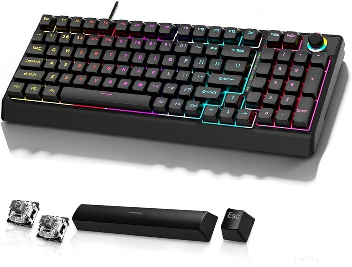 Teclado Mecânico para Jogos com Fio 98 Teclas, 17 Modos de Iluminação RGB, Sem Fantasmas, Compatível com PC, Notebook e Mac