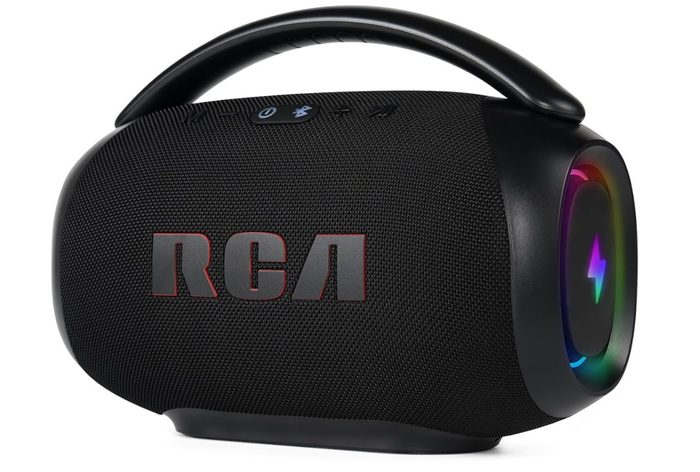 Caixa de Som Bluetooth RCA RS-FR213 Portátil 90W – Alto-Falante com Luzes LED Sincronizadas, Rádio FM/USB/AUX, Bateria 8h, Alça de Transport