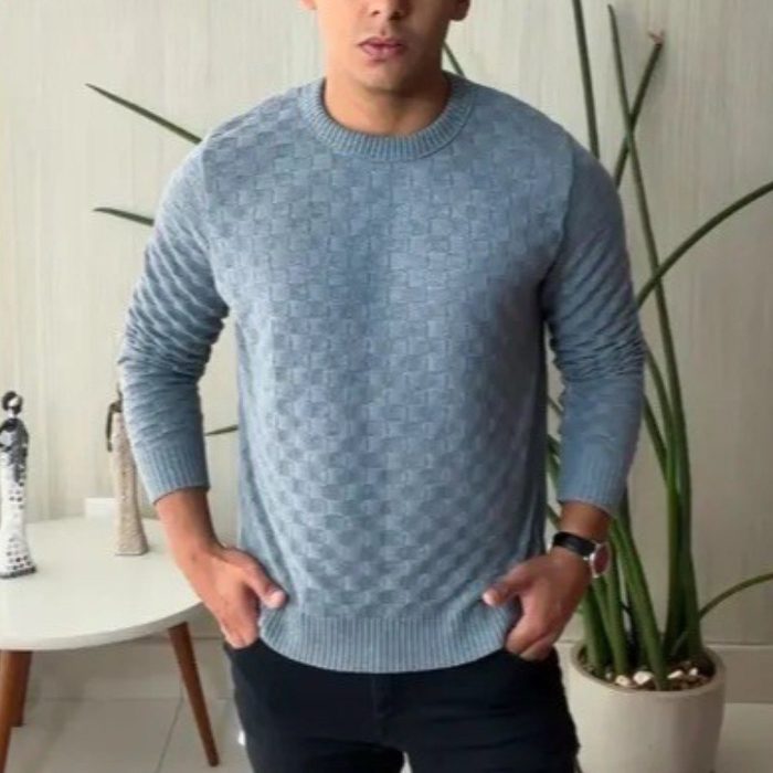 Suéter Masculino Lã Tricot Manga Longa Xadrez Blusa De Frio P ao GG