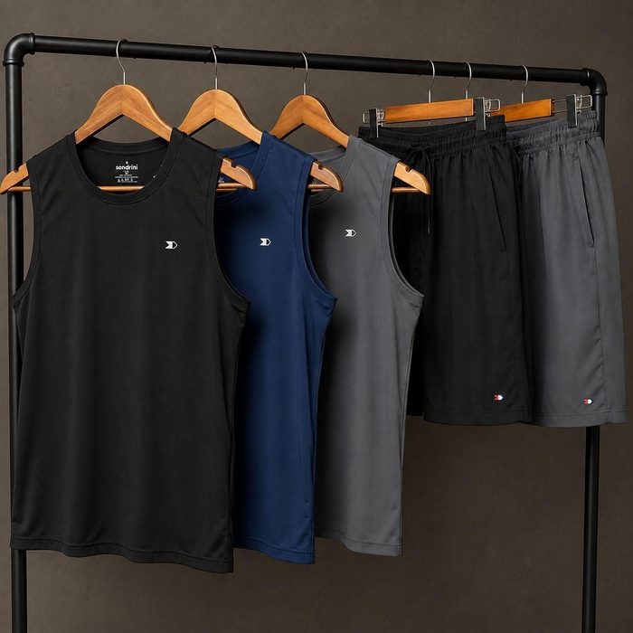 Kit 5 Pcs 3 Camisas Regata Dry-fit Sandrini 2 Short Tactel Sortidos Logo Lisa