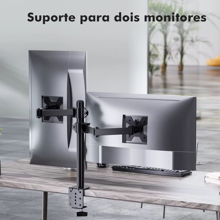 Suporte Articulado Duplo para 2 Monitores de 13 a 32 Polegadas com Rotação 360°, Inclinação 90° e Capacidade de até 8 kg por Tela