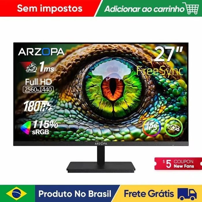 🛍 Monitor Arzopa Gamer 27" QHD Fast IPS 180Hz 1Ms HDMI DP