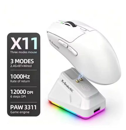 Mouse Sem Fio Kebidumei X11 PAW3311 Tri-Mode 12000 Dpi com Tela RGB, Base de Carregamento Magnética e Compatível com Bluetooth, 2.4G e Fio