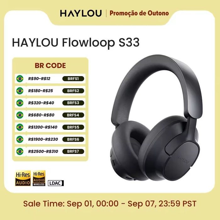 Headphone HAYLOU FlowLoop S33 Bluetooth Over-Ear com ANC 45dB, Hi-Res LDAC e Bateria de até 100h