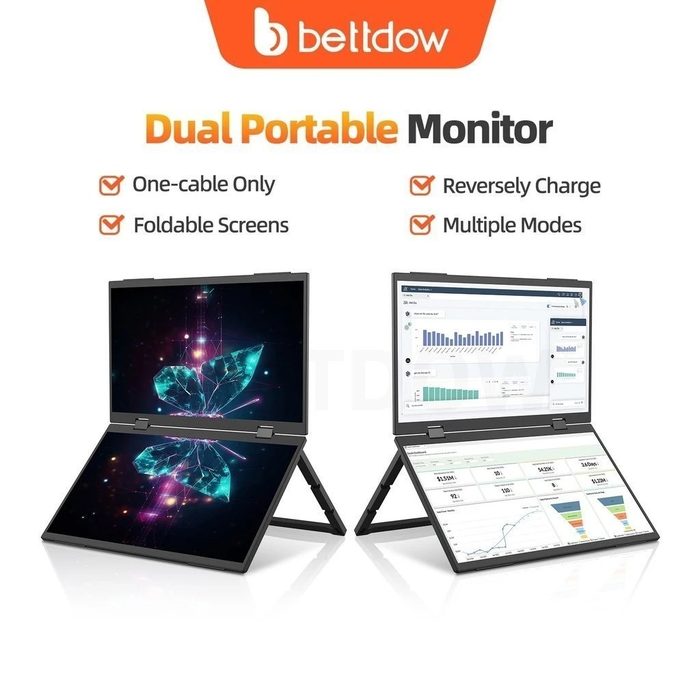 BETTDOW Monitor De Tela Dupla De 15.4 Polegadas Dobrável 315 Graus Portátil 16 : 9 IPS FHD Display Com Suporte