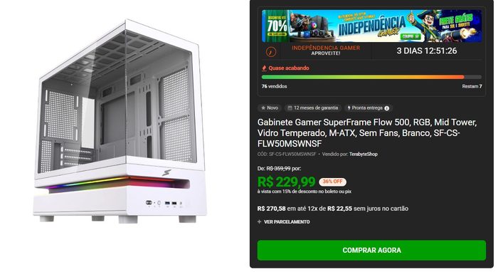 Gabinete Gamer SuperFrame Flow 500, RGB, Mid Tower, Vidro Temperado, M-ATX, Sem Fans, Branco, SF-CS-FLW50MSWNSF