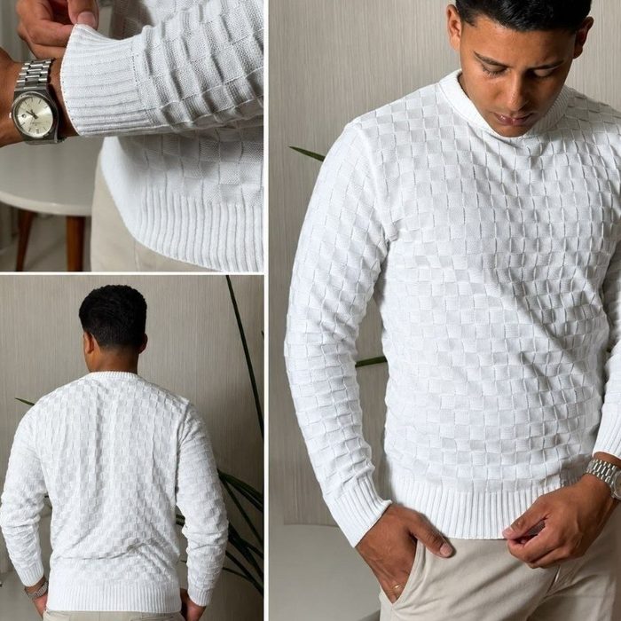 Suéter Masculino Lã Tricot Manga Longa Xadrez Blusa De Frio P ao GG