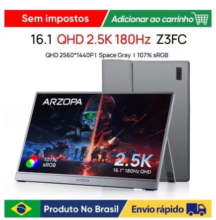 Monitor Portátil QHD Arzopa Z3FC 16,1 polegadas 2,5 K 180 Hz 2560x1440 16:9 107% sRGB