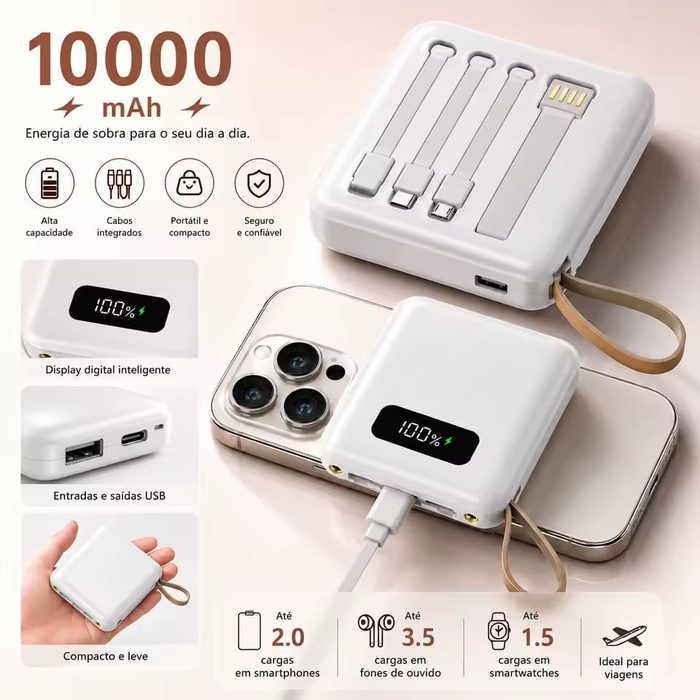 Power Bank 10.000mAh com 4 Cabos Integrados, Carregamento Rápido e Display LED Digital