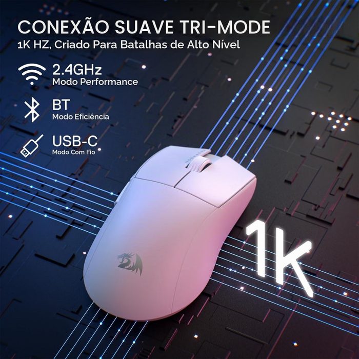 Mouse Gamer Redragon King Pro Branco Pixart PAW3395 26000DPI M916W-PRO-1K