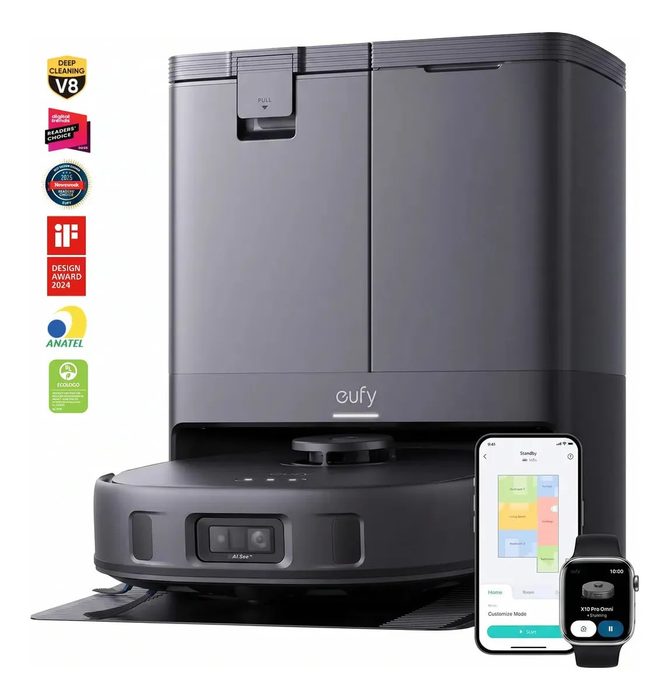 Robô Aspirador Anker eufy X10 Pro 4 em 1 Sucção 8000Pa IA Evita Obstáculos Mapeamento AI.Map 3.0 Lava Seca Esvazia Reabastece Água Escovas A