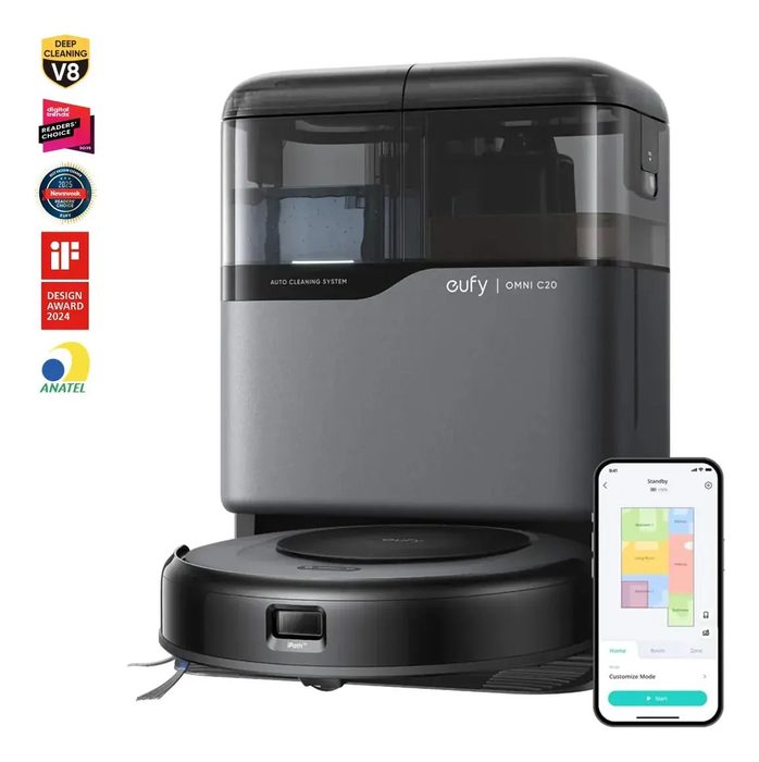Robô Aspirador Anker eufy C20 3 em 1 Estação Tudo em Um Sucção 7000Pa Corpo Ultrafino 8,5cm Esvaziamento Limpeza e Secagem Automática Mapeam