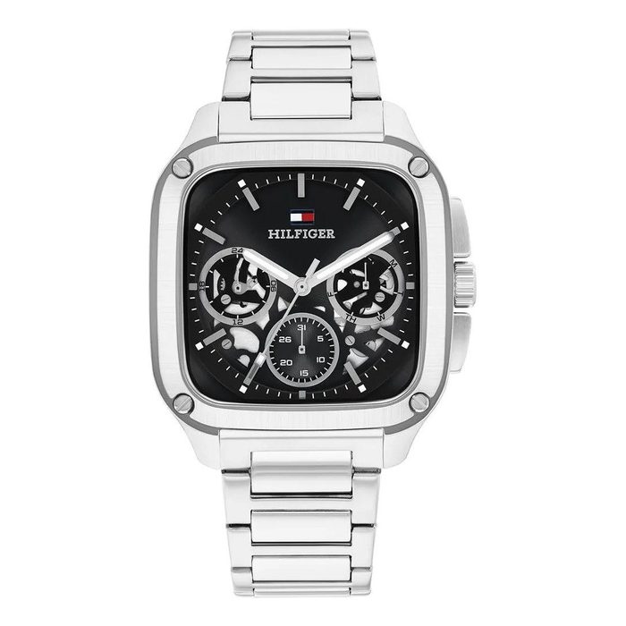 🛒Relógio Tommy Hilfiger Herald Skeleton Masculino Em Aço Prat Prateado Preto