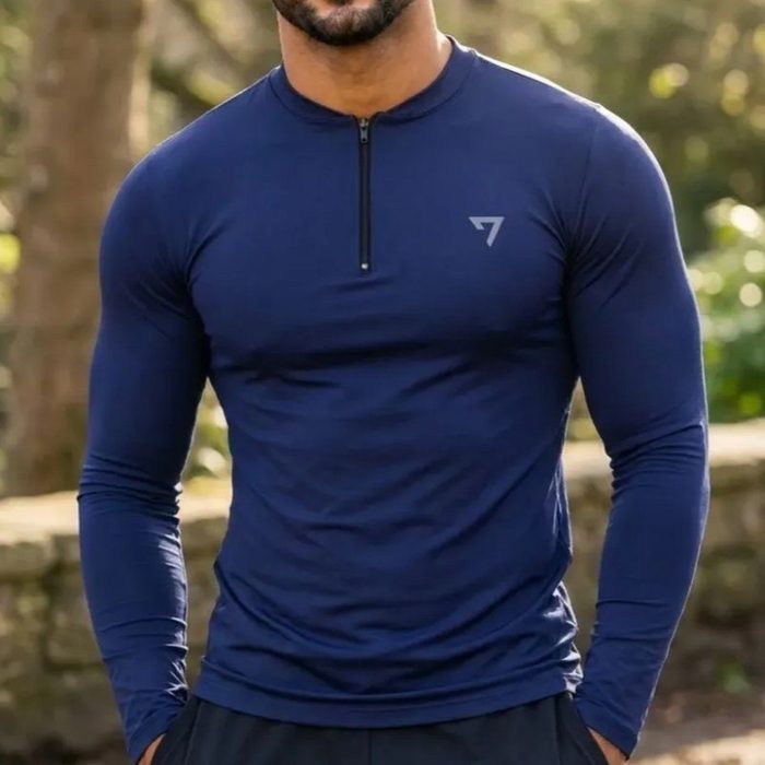Camisa Térmica Masculina Segunda Pele Manga Longa Com Zíper Azul-marinho P ao GG