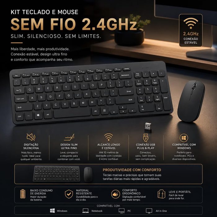Kit Teclado e Mouse Sem Fio 2.4GHz Slim Ultra Fino