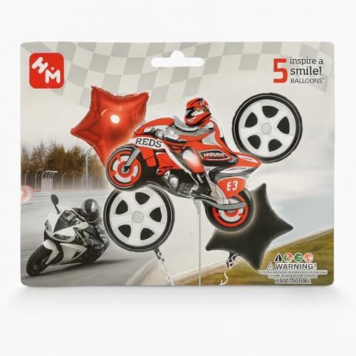 Kit Balão Metalizado Corrida de Moto 5 Peças com Pneus Festa Infantil | Pode ser inflado com ar comum ou gás hélio