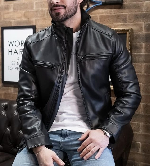 jaqueta de couro masculina slim forrada sem capuz