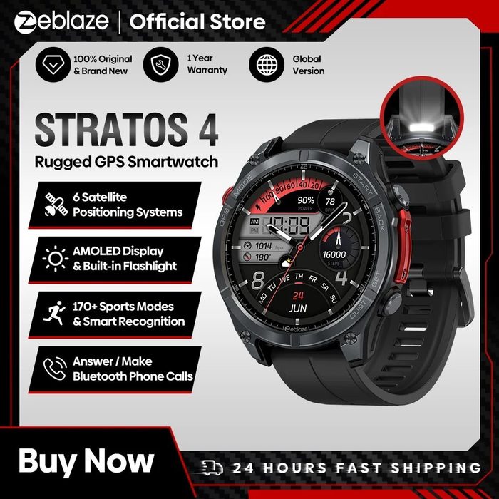 Smartwatch Zeblaze Stratos 4 Gps com Tela Amoled de 1.43, Bússola Integrada, Altímetro Barométrico, Lanterna, Chamada por Voz