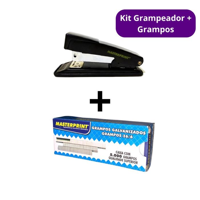 Kit Grampeador Metal + 5.000 Grampos 26/6 Galvanizados Escolar Escritório Masterprint