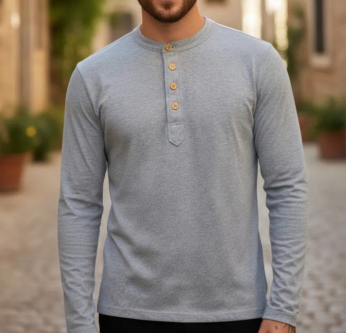 camisa henley masculina malha ecológica mangas compridas