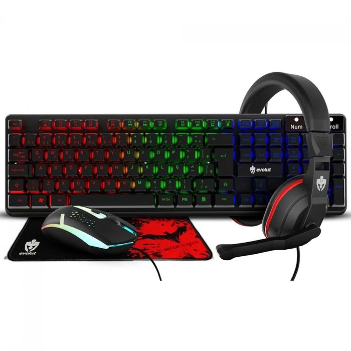 kit teclado mouse headset mousepad evolut starter eg-54 4 em 1 rainbow