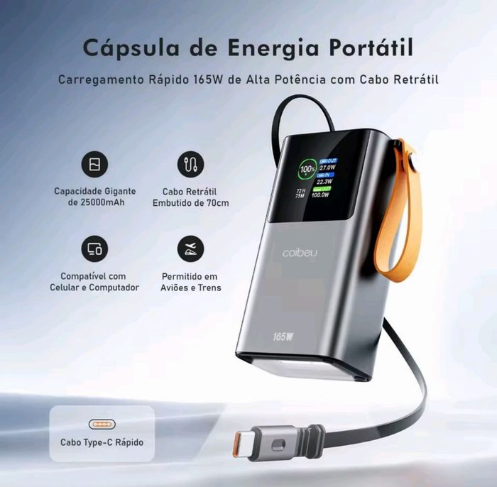 Power Bank 25000mAh 165W Carregamento Rápido Cabo Retrátil Type-C Display Digital Lanterna para Notebook e Celular