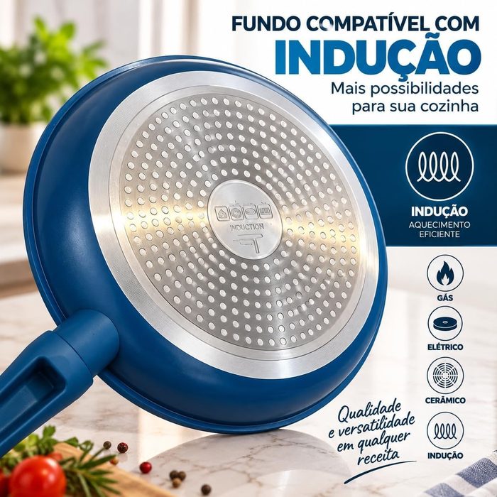 Frigideira Azul 24cm 1,5L com Revestimento Cerâmico Antiaderente, Cabo Soft Touch, Fundo para Indução, Gás, Elétrico e Cerâmico