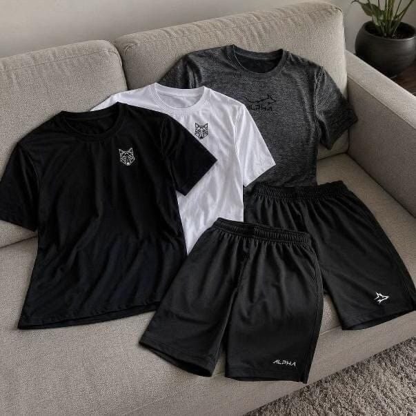 roupas alpha kit 5 pecas all black dry 3 camisetas 2 bermudas