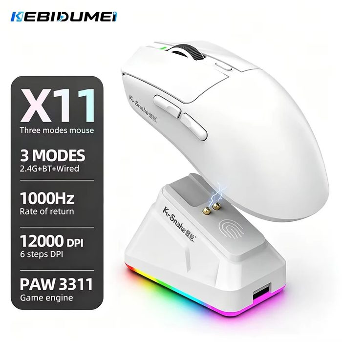2x Mouse Sem Fio Kebidumei X11 Paw3311 Tri-Mode 12000 Dpi com Tela Rgb, Base de Carregamento Magnética e Compatível com Bluetooth, 2.4G e Fi