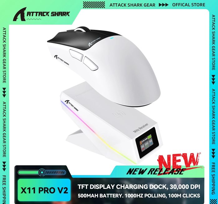 Mouse Gamer Sem Fio Attack Shark X11 Pro V2 com Tela Tft, Base de Carregamento, 30.000 Dpi, Bateria de 500mAh e Conexão Tri-Mode Paw3315
