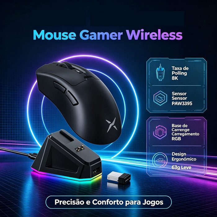 Mouse Delux M900 Pro, Paw3395, 8KHz, com Dock de Carregamento