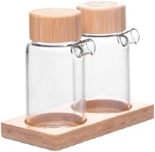 WOLFF - Conjunto 2 Galheteiros de Vidro Borossilicato com Tampa e Suporte de Bambu 170ml